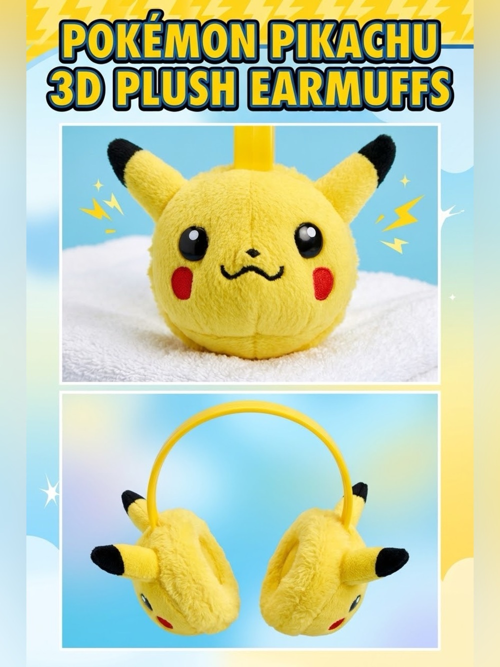 Authentic Pikachu 3D Plush Earmuffs - Yellow Plush Headphones